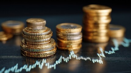 Poster - Stacked Coins Against Forex Chart with Gold Overlay for Finance