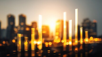 Poster - Business Theme Holograms with Bar Charts at Sunset Cityscape