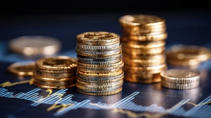 Poster - Stacked Coins with Forex Chart Overlay in Gold Color Scheme