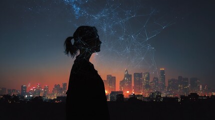 Poster - Urban Skyline at Night with Neural Network Branches Effect