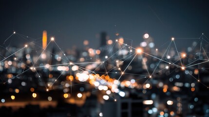 Poster - Glowing Network Icons Over City Lights in Urban Smart City Environment