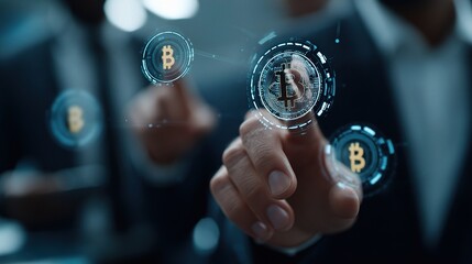 Poster - Businessman Tapping Digital Interface in Futuristic Financial Scene