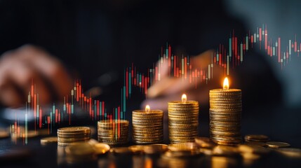 Poster - Forex Trading with Candlesticks and Coins Stacked on a Table