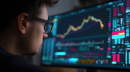 Poster - Man Gazing at Computer Monitor Filled with Colorful Graphs and Data