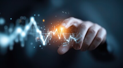 Poster - Man Touching Forex Trading Charts with Glowing Lines and Data Visuals