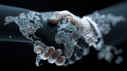 Poster - Double Exposure Handshake with World Map Overlay in Abstract Design