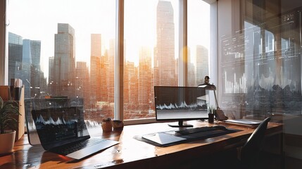 Poster - Modern Office Interior with Urban Skyline View at Sunset