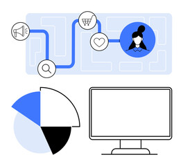 Poster - Flowchart with icons for marketing, user profile, and cart interconnected on a digital map. Includes pie chart and computer screen. Ideal for marketing, analytics, navigation, user journey, digital