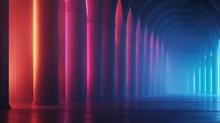 Poster - Abstract Neon Columns in Archway Hallway