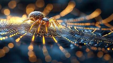 Poster - Glowing Spider on Intricate Web, Dark Blue Background