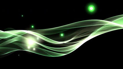 Poster - mesmerizing abstract design of flowing green waves and glowing orbs on black background, evoking mov