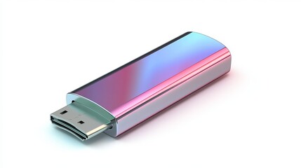 Poster - Modern Colorful USB Drive Digital Technology Device Iridescent Pink Purple Blue Gradient Shiny Metal Realistic 3D Render High Resolution Image Perfect
