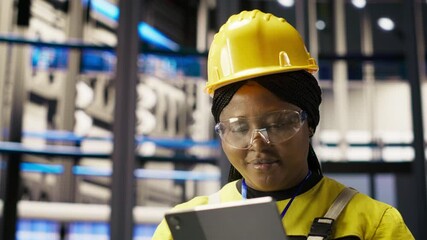 Poster - upbeat professional working in smart factory oversees robot production lines, ensuring quality contr