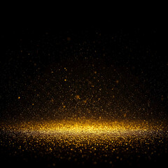 Poster - Golden glitter particles fall and gather on a dark surface, creating a magical, sparkling effect with a sense of depth. Generative AI.