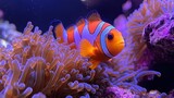Clownfish swimming near anemone in aquarium setting vibrant colors.