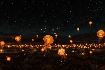 Wall Mural - luminous jellyfish illuminate a dark field under a starry night sky, creating a magical, surreal sce