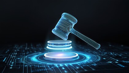 Poster - futuristic digital hologram of gavel with digital circles glowing on a high tech virtual interface r