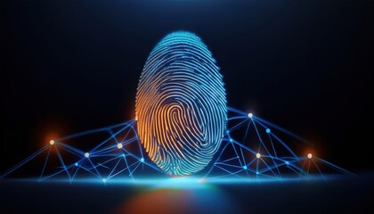 Poster - Close-up of a large fingerprint with digital wireless network connections and glowing points highlighting cybersecurity and biometric authentication technology