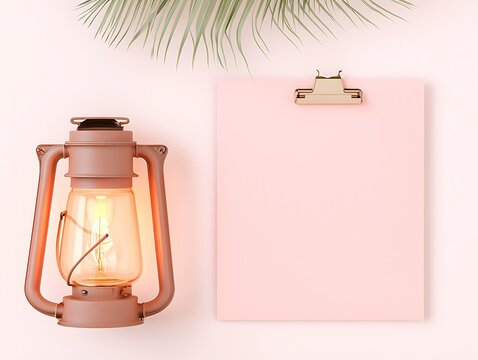 Pink Lantern and Blank Notepad Mockup