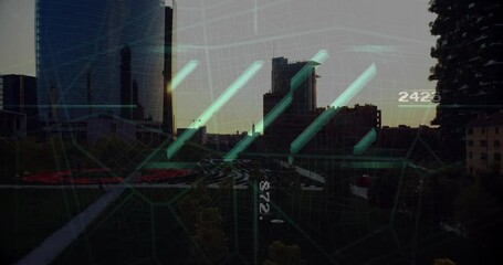 Poster - 3D render city skyline being animated with neon map overlay at dusk, showing terraced plaza steps