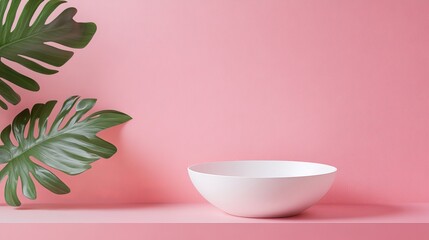 Poster - Pink Background Minimalist Product Display Scene White Bowl Tropical Monstera Leaves Elegant Studio Shot Simple Clean Modern Aesthetic Design Mockup  