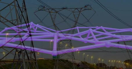 Poster - 3D render showing high-voltage tower rising on embankment with purple network overlay in dusk sky