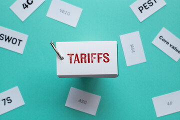Poster - There is wood cube with the word Tariffs. It is as an eye-catching image.