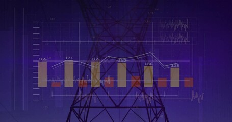 Poster - Power grid pylon being animated in data dashboard overlaying translucent bar charts and line graphs