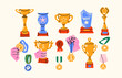 © Limpreom - Prizes in retro cartoon style. Trophies, awards, cups, medals, competition symbols, 90s sports vibe, illustration in retro cartoon style, trendy stickers