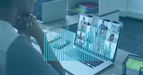 Poster - Mature female viewer clasping hands at desk, monitoring remote health meeting with bar-chart