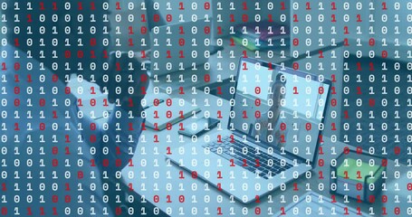 Poster - business team connecting and viewing on office desk with laptop, smartphone and binary code overlay