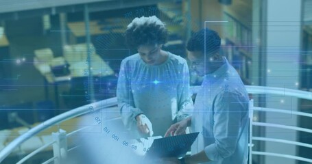 Poster - Two professionals collaborating on business tech, showcasing holographic data overlay with grids