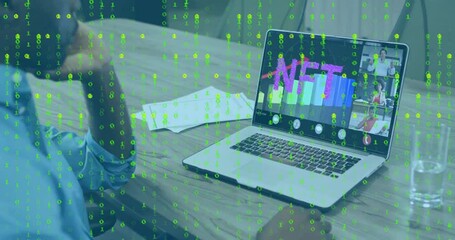 Poster - Man leaning over desk in tech meeting, analyzing NFT chart on laptop under floating binary code