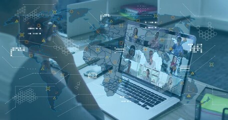 Poster - Person working on laptop participating in global business meeting with digital network map overlays
