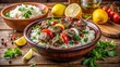 © kanda - Savory Grilled Meat Skewers Served with Fluffy White Rice and Fresh Herbs in a Rustic Wooden Bowl