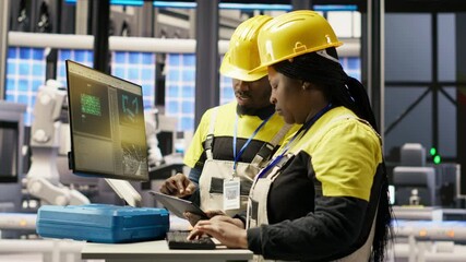 Poster - Engineering team using PC in smart factory to oversee robotic assembly lines, ensuring quality control during manufacturing. Teamworking colleagues monitor automated conveyor belts, camera B