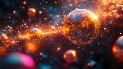 Poster - Abstract cosmic artwork featuring glowing spheres and particles. A surreal and vibrant display of light and energy. Abstract Digital Data Sphere: Network of Light and Energy