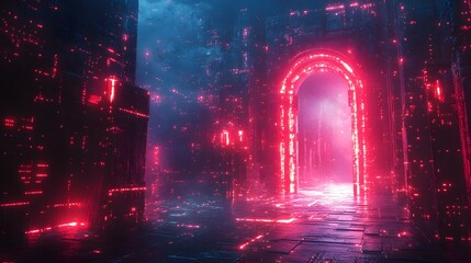Poster - A digital rendering of a neon-lit archway leading into a mysterious, futuristic city. The vibrant colors create an otherworldly atmosphere. Digital Secure networks Gateway