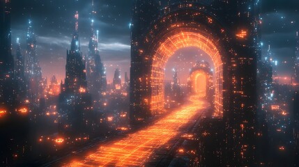 Aufkleber - A digital rendering of a futuristic city with a glowing gateway leading through a neon-lit path Digital Secure networks Gateway Futuristic Cityscape: Glowing Gateway to a Neon Metropolis