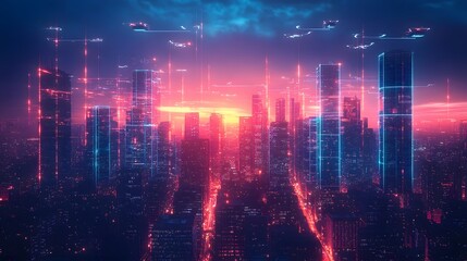 Aufkleber - A vibrant futuristic city at sunset, with neon lights and digital data streams illuminating the skyscrapers. Digital Neon Cityscape at Sunset: A Futuristic Metropolis