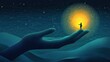 © Ka - Imaginative figure interacting with bright light spots standing on giant hands shows the desire and meaningful journey of life in a fantasy world.