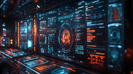 Leinwandbilder - A futuristic control panel with glowing screens displaying complex data and code. Sci-fi aesthetic. Digital hackers dashboard. Futuristic Technology Interface display tracking