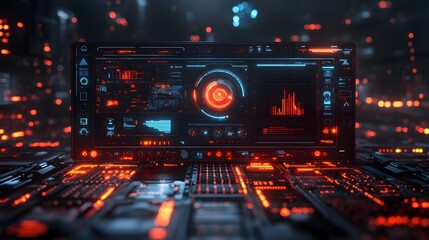 Leinwandbilder - A futuristic digital dashboard on a glowing circuit board. Cyberpunk aesthetic Digital Futuristic Tech Cybernetic Control Panel Display