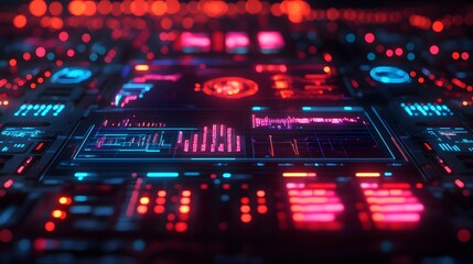 Leinwandbilder - A close-up view of a futuristic digital interface showcasing vibrant neon lights and flowing data streams. Digital Futuristic Digital Interface: Neon Lights and Data Streams