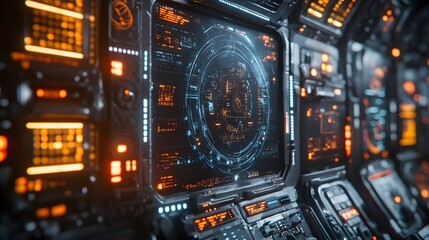 Aufkleber - Close-up view of a spaceship's futuristic interface. Glowing orange and blue displays show complex data. Sci-fi aesthetic. Digital Futuristic Tech Interface: Digital HUD Display