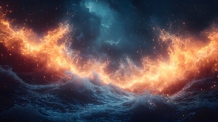 Poster - Ethereal flames dance across a cosmic ocean, creating a mesmerizing spectacle of fire and water under a starlit sky. Digital Surreal depiction of a Cyber Attack