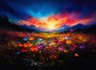 Poster - A vivid painting of a landscape. A field of colorful flowers basks in the warm glow of sunset, mountainous backdrop, creating a majestic scene. The sky swirls with fiery hues, creating drama.