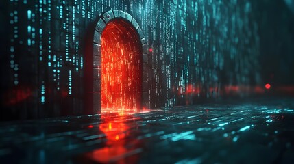Leinwandbilder - A digital archway glows in a cyberpunk matrix. Red and blue light streams surround a mysterious entrance. Digital Cyberpunk Gateway: Digital Matrix Archway Data leak
