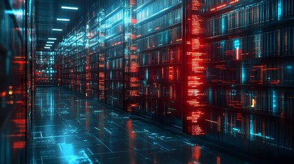 Aufkleber - A futuristic data center with glowing digital code on shelves. Digital Digital Library: A Futuristic Data Center