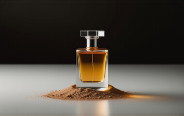 Poster - A perfume bottle with amber liquid sits atop a small pile of brown powder, elegantly displayed against a dark background. The scene is subtly lit, highlighting the fragrance's rich color and the textu